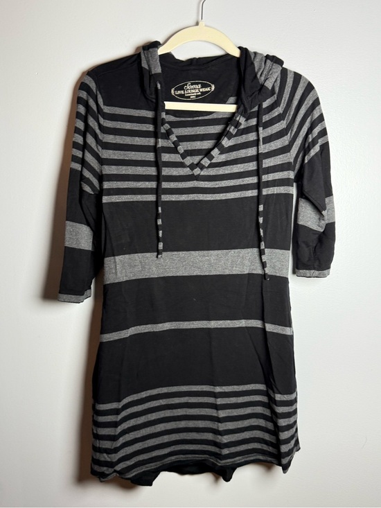 Soma Tops - Soma Black and Gray Striped Hooded Lounge Top with V-Neck